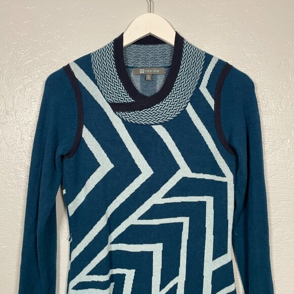 Title Nine Women S Blue Geometric Sweater Dress Cowl Neck Pockets Merino Wool - Picture 3 of 10